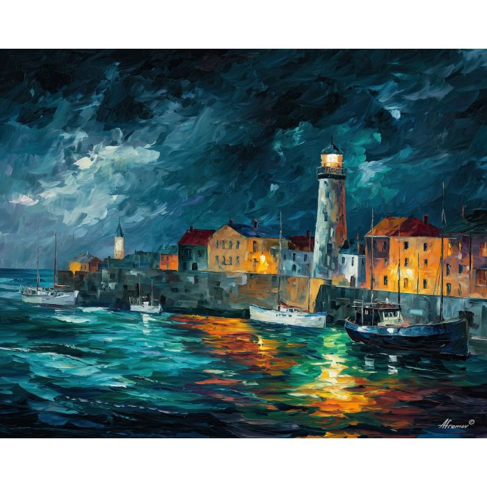 storm harbor city,water lightning,oil painting,afremov style