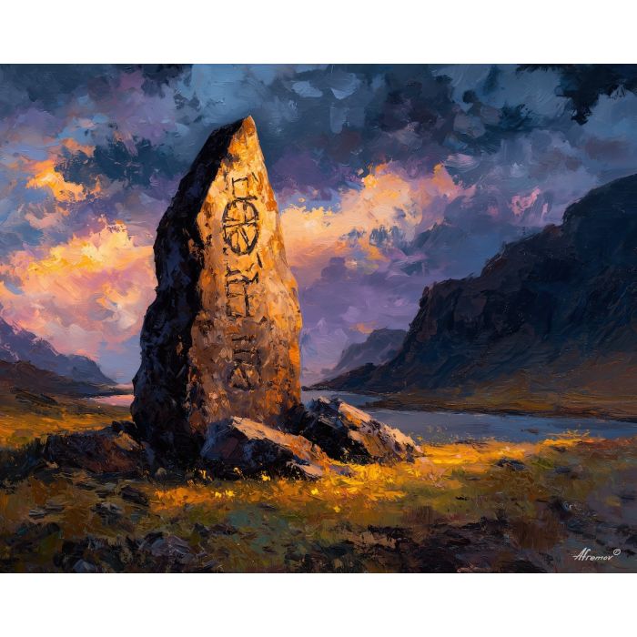 magic rune stone,minimal object,oil painting,afremov style