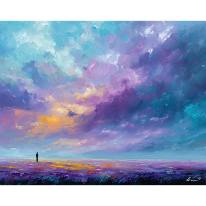 minimal magic,soft glow,calm fantasy field,oil painting,afremov style,quiet landscape