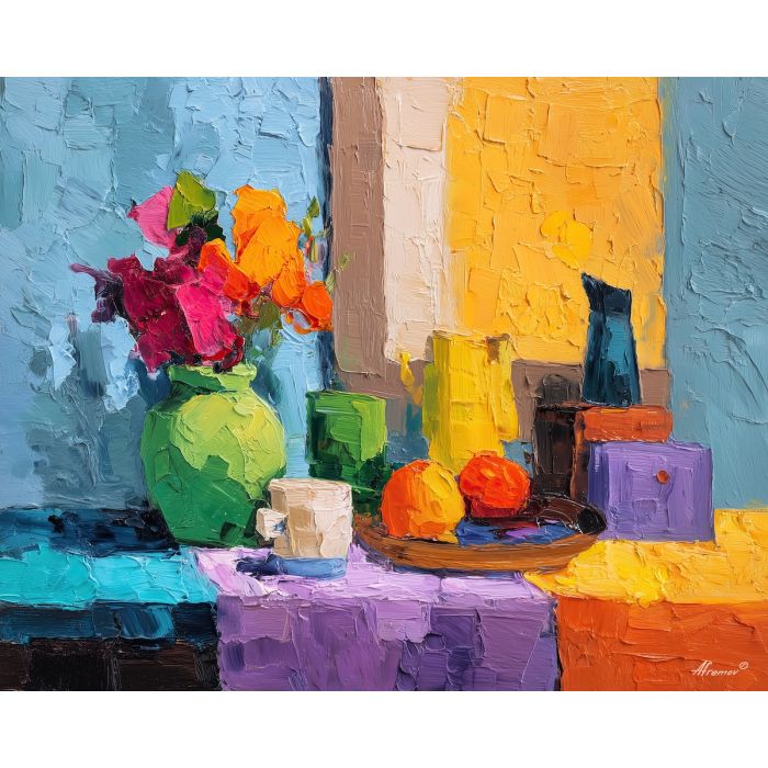 bright, color, palette knife, oil painting, impasto, thick pigment, layered surface, scraped paint, textured strokes, expressive surface, material depth, hand painted, visual balance, atmospheric, color interaction, paint ridges, manual technique