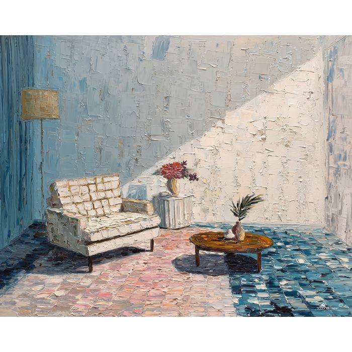 rhythmic, room, palette knife, oil painting, impasto, thick pigment, layered surface, scraped paint, textured strokes, expressive surface, material depth, hand painted, visual balance, atmospheric, color interaction, paint ridges, manual technique