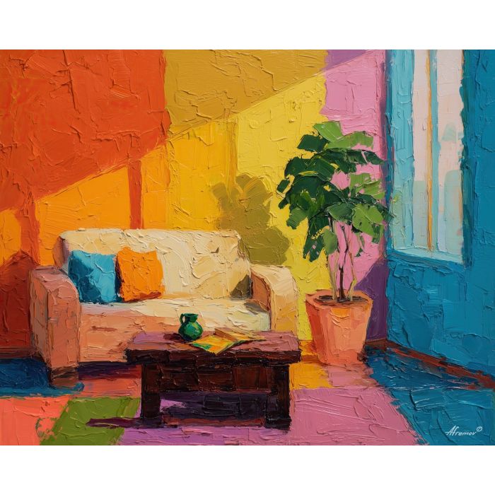 playful, room, palette knife, oil painting, impasto, thick pigment, layered surface, scraped paint, textured strokes, expressive surface, material depth, hand painted, visual balance, atmospheric, color interaction, paint ridges, manual technique