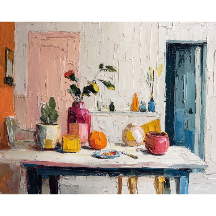 playful, interior, palette knife, oil painting, impasto, thick pigment, layered surface, scraped paint, textured strokes, expressive surface, material depth, hand painted, visual balance, atmospheric, color interaction, paint ridges, manual technique