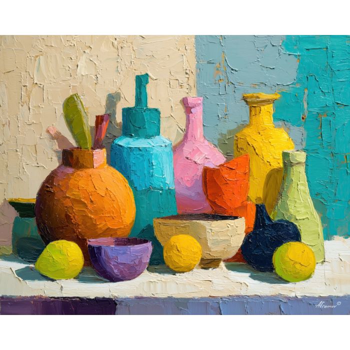 bright, playful, shape, palette knife, oil painting, impasto, thick pigment, layered surface, scraped paint, textured strokes, expressive surface, material depth, hand painted, visual balance, atmospheric, color interaction, paint ridges, manual technique