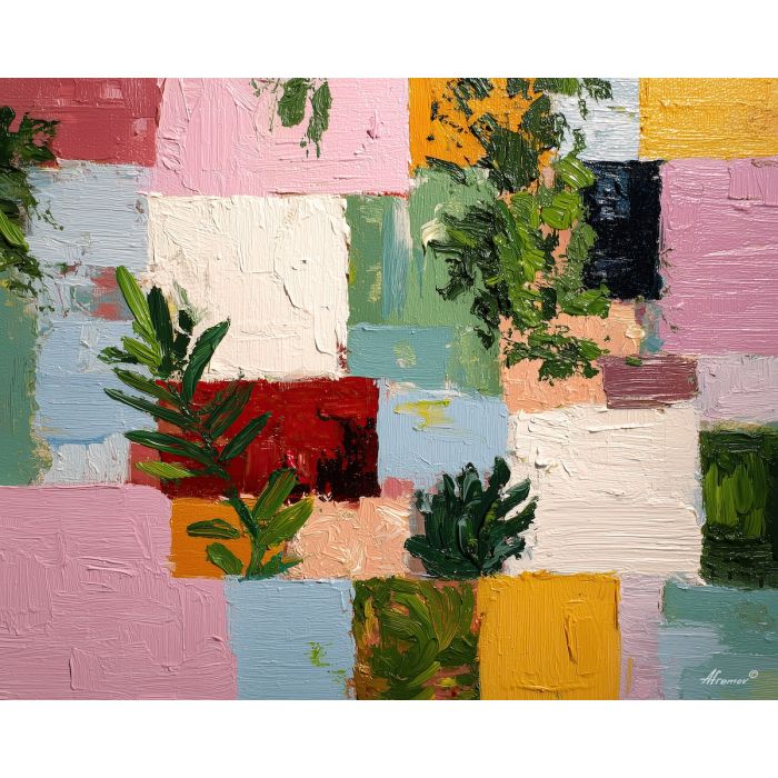 flat, pattern, palette knife, oil painting, impasto, thick pigment, layered surface, scraped paint, textured strokes, expressive surface, material depth, hand painted, visual balance, atmospheric, color interaction, paint ridges, manual technique