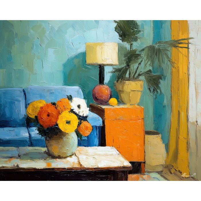 loose, bold, room, palette knife, oil painting, impasto, thick pigment, layered surface, scraped paint, textured strokes, expressive surface, material depth, hand painted, visual balance, atmospheric, color interaction, paint ridges, manual technique