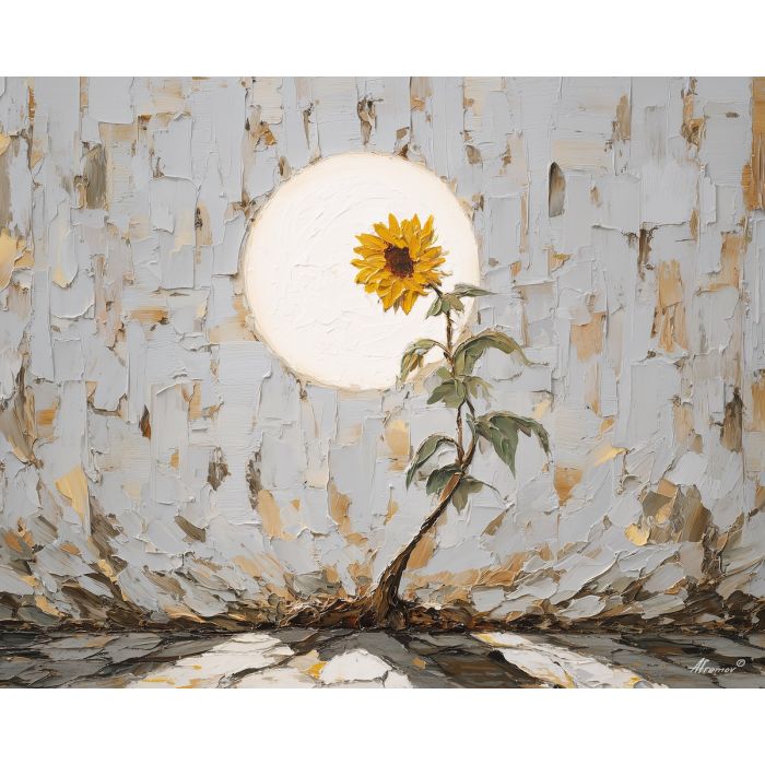 rooted, upright, turn, palette knife, oil painting, impasto, thick pigment, layered surface, scraped paint, textured strokes, expressive surface, material depth, hand painted, visual balance, atmospheric, color interaction, paint ridges, manual technique