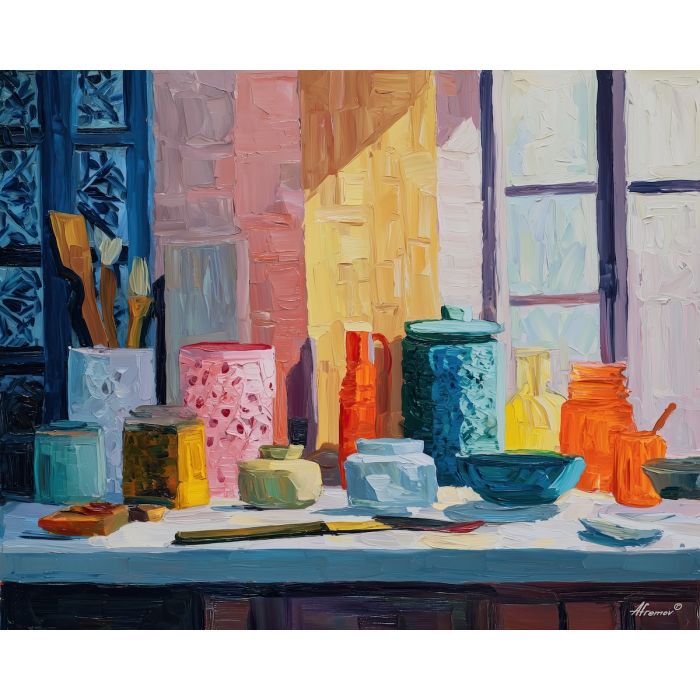 rhythmic, interior, palette knife, oil painting, impasto, thick pigment, layered surface, scraped paint, textured strokes, expressive surface, material depth, hand painted, visual balance, atmospheric, color interaction, paint ridges, manual technique