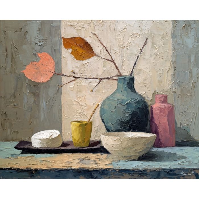 cut, balance, palette knife, oil painting, impasto, thick pigment, layered surface, scraped paint, textured strokes, expressive surface, material depth, hand painted, visual balance, atmospheric, color interaction, paint ridges, manual technique