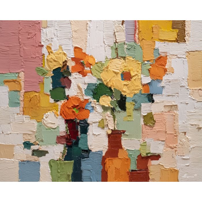 warm, shape, palette knife, oil painting, impasto, thick pigment, layered surface, scraped paint, textured strokes, expressive surface, material depth, hand painted, visual balance, atmospheric, color interaction, paint ridges, manual technique