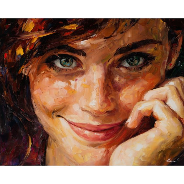 soft smile,quiet joy,emotional portrait,oil painting,afremov style
