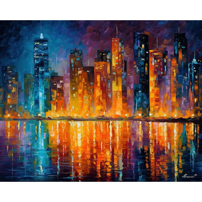 glass city,futuristic architecture,magic glow,oil painting,afremov style