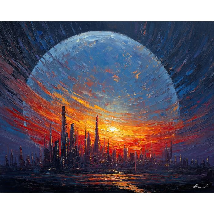 orbital city,futuristic fantasy,oil painting,afremov style