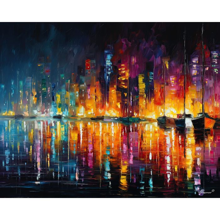 futuristic harbor,magic light,oil painting,afremov style