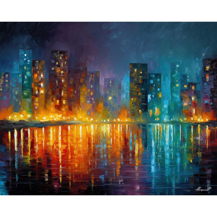 futuristic skyline,magic mist,oil painting,afremov style