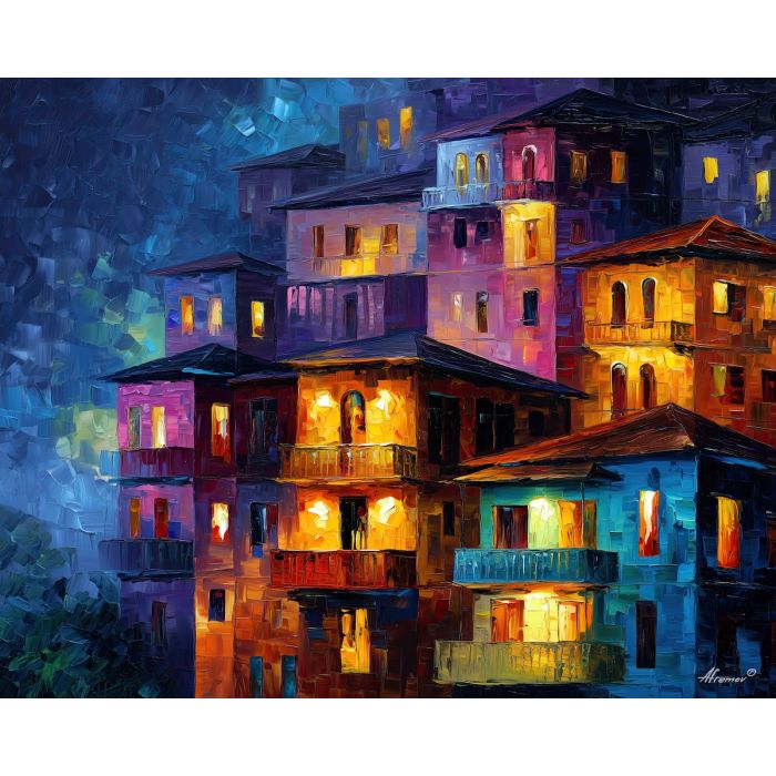 futuristic night city,soft glow,oil painting,afremov style