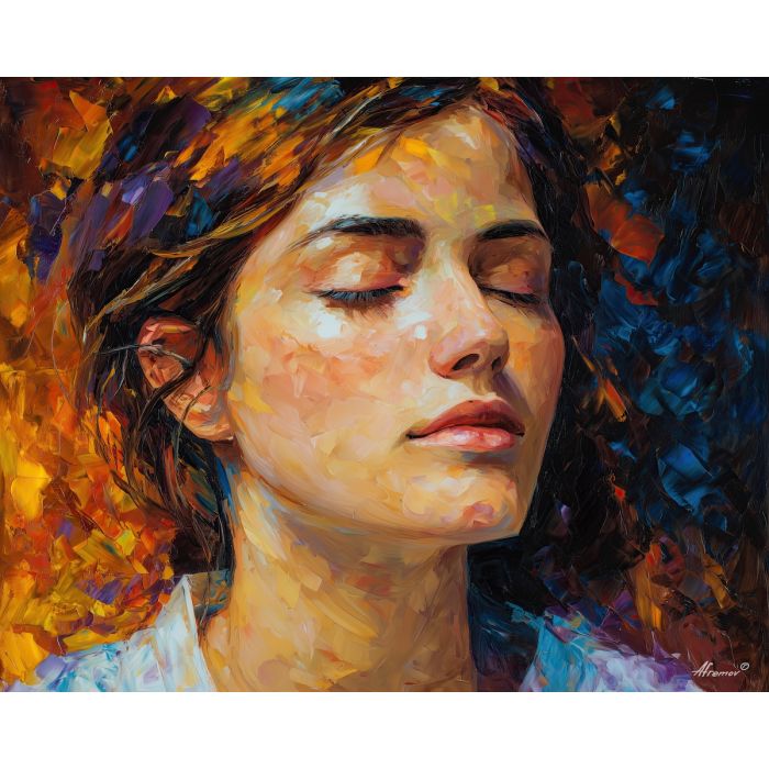 stillness portrait,inner calm,oil painting,afremov style