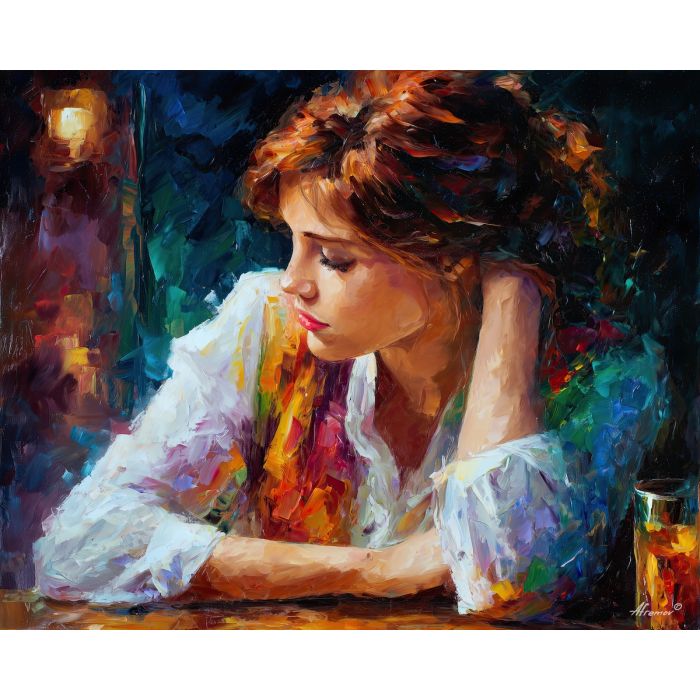 melancholy portrait,quiet sadness,oil painting,afremov style