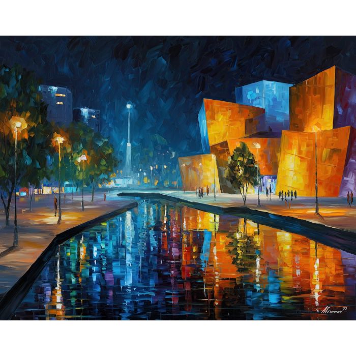 futuristic plaza,ambient magic,oil painting,afremov style