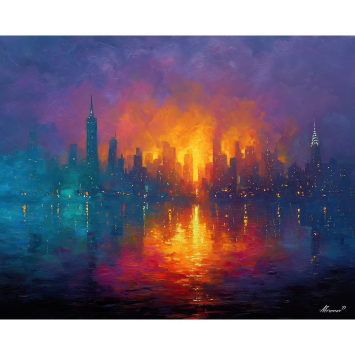 futuristic skyline,magic mist,oil painting,afremov style