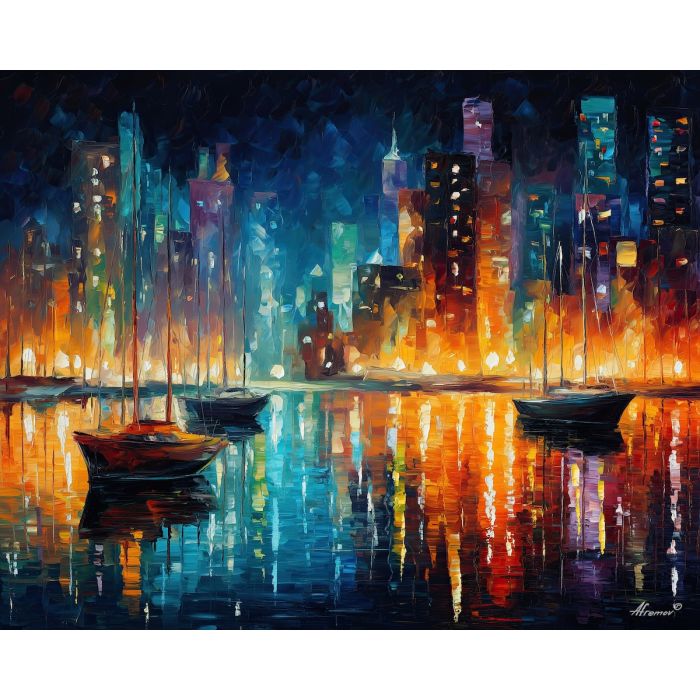 futuristic harbor,magic light,oil painting,afremov style