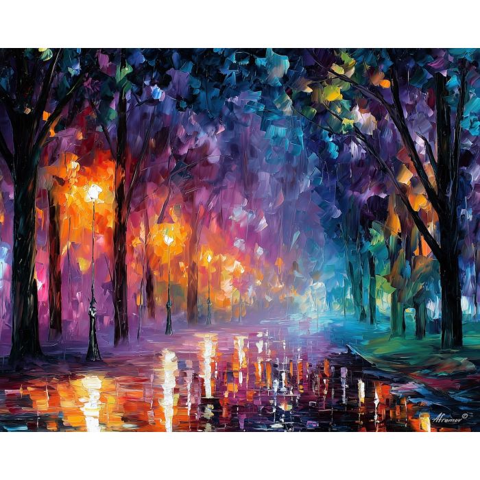 futuristic avenue,light waves,oil painting,afremov style