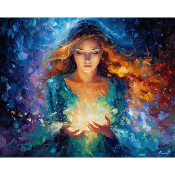 magical woman,spellcaster portrait,aurora colors,fantasy figure,oil painting,afremov style