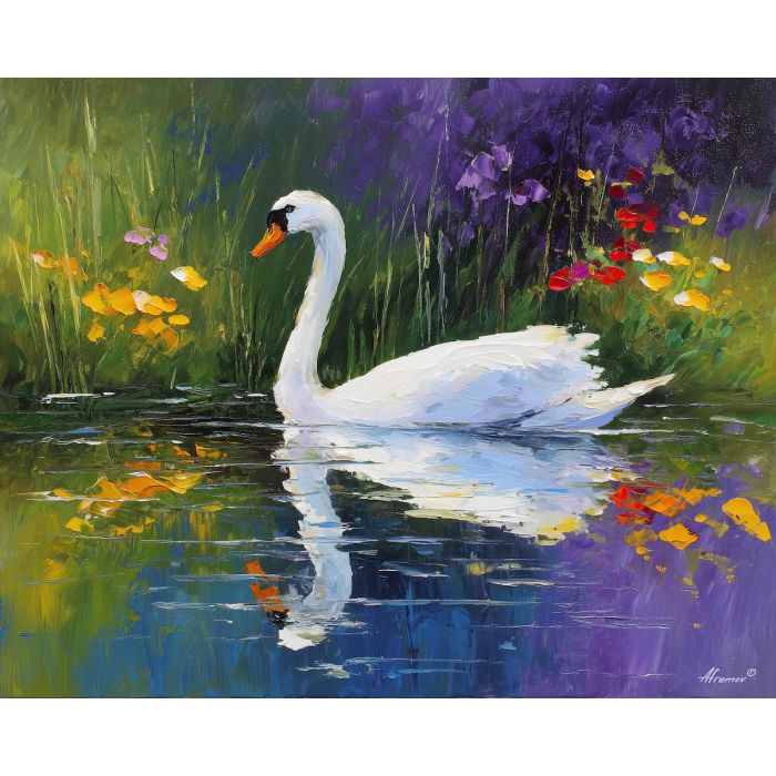 swan lake,bird painting,calm water,oil painting,afremov style