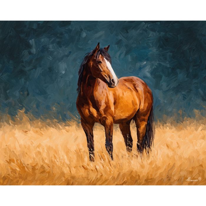 horse portrait,open field,oil painting,afremov style