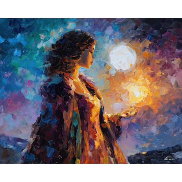 moon magic portrait,sorcerer,oil painting,afremov style