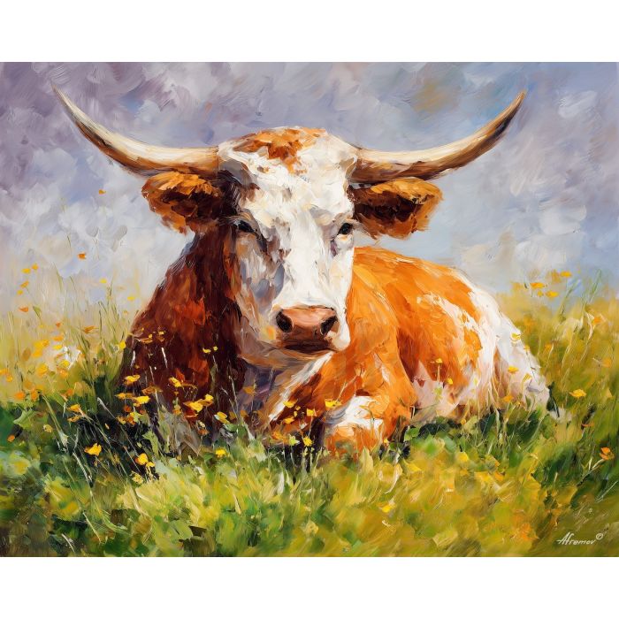 cow pasture,calm animal,oil painting,afremov style
