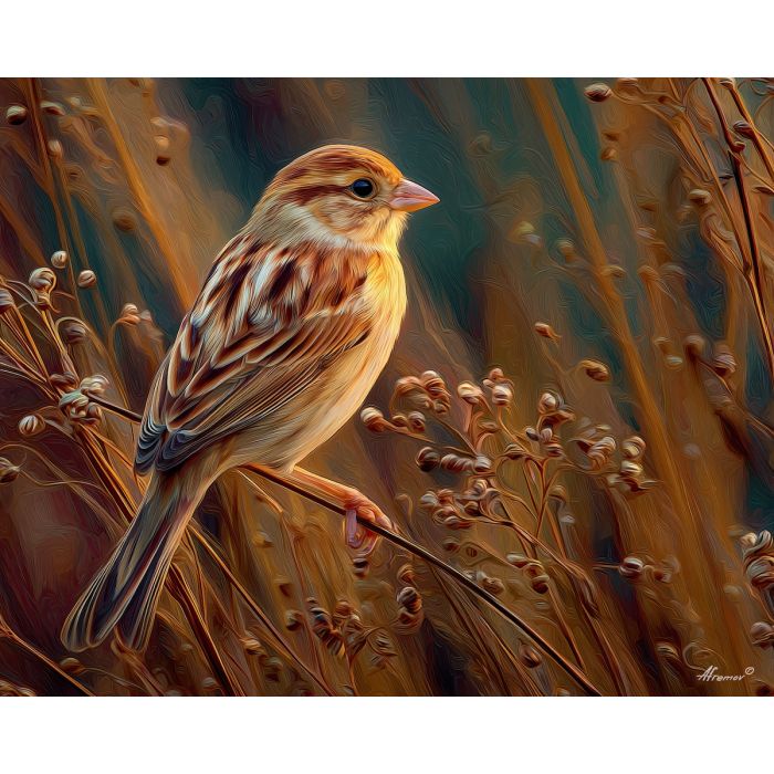 sparrow bird,meadow wildlife,oil painting,afremov style