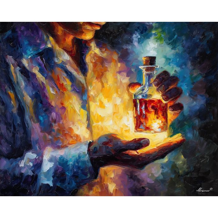 alchemist portrait,magic vial,oil painting,afremov style