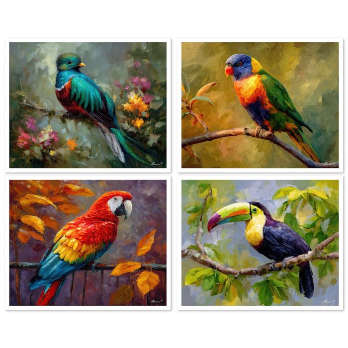 COLORFUL BIRDS - SET OF 4 FRAMED PAINTINGS