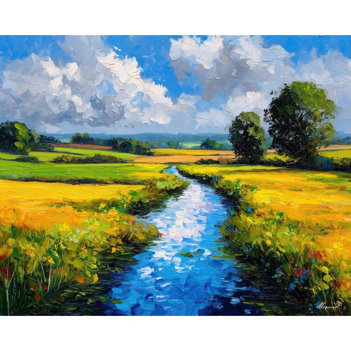 lowland stream,field water,oil painting,afremov style