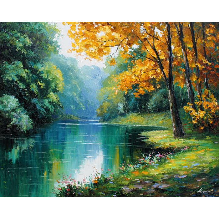 riverbank stillness,nature scene,oil painting,afremov style