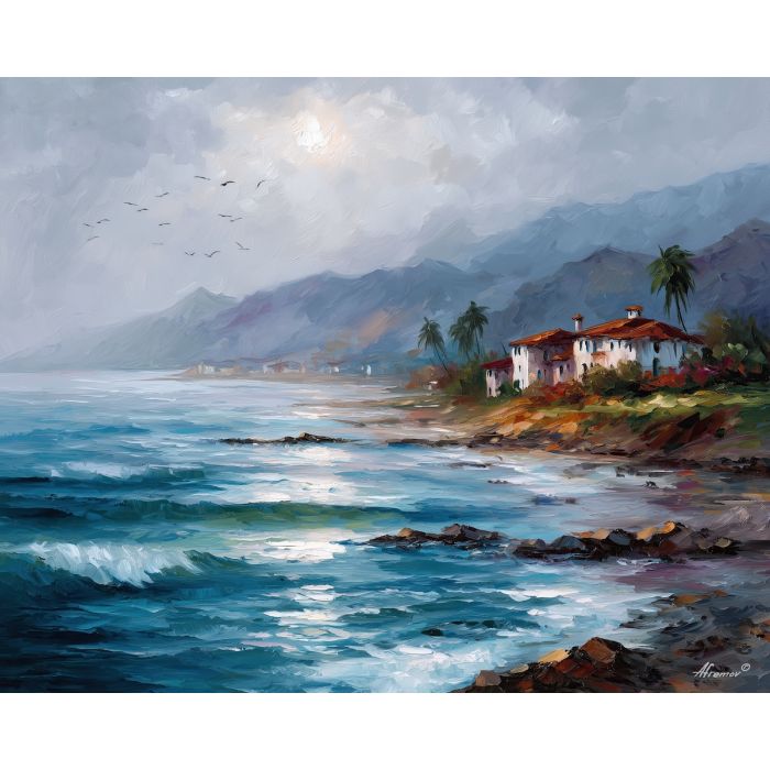 coastal landscape,morning sea,oil painting,afremov style