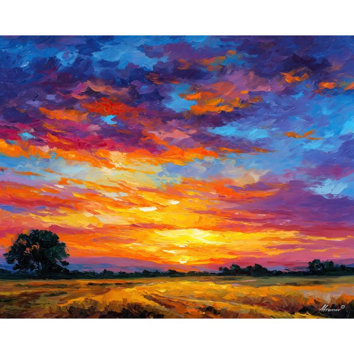 sunset fields,warm landscape,oil painting,afremov style