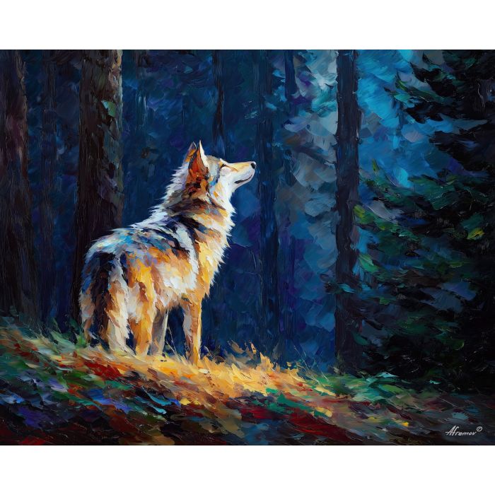 wolf forest,wildlife animal,oil painting,afremov style