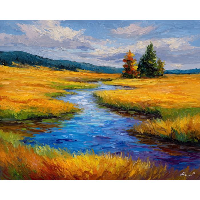 river bend,calm water,open plains,oil painting,afremov style