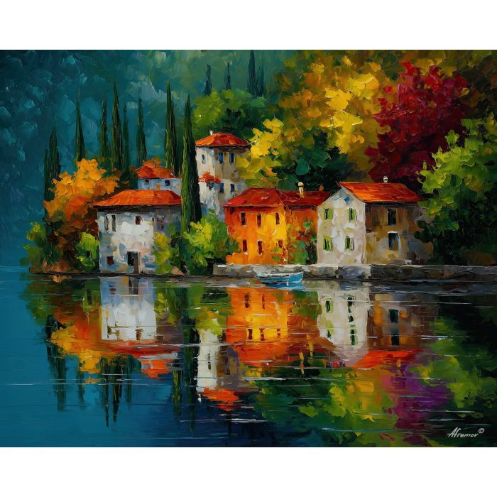lake shore,still water,oil painting,afremov style