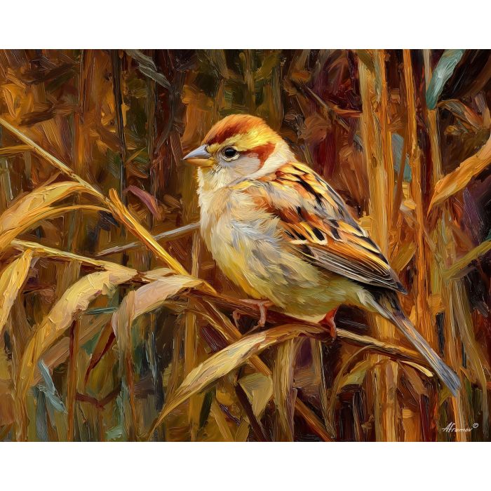 sparrow meadow,bird art,oil painting,afremov style