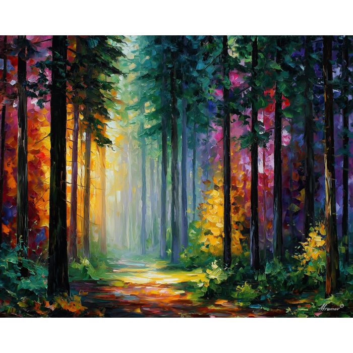forest clearing,sunlight trees,oil painting,afremov style