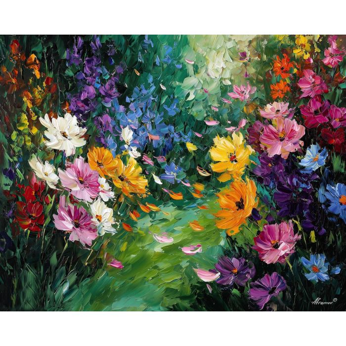 floating petals,garden plants,oil painting,afremov style