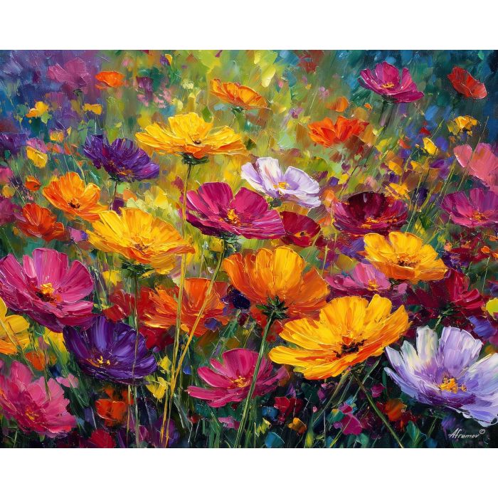 sunlit flowers,meadow plants,oil painting,afremov style