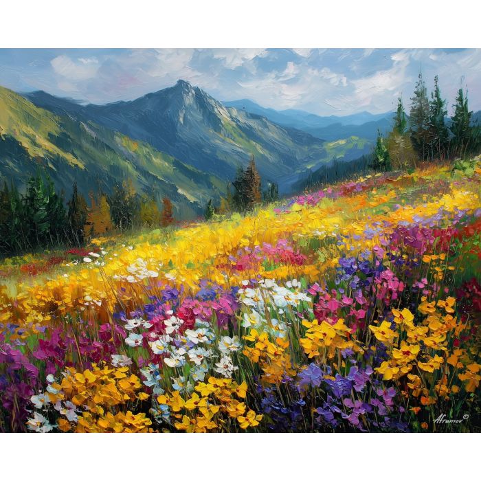 sunlit ridge,flowers,oil painting,afremov style