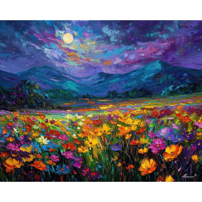 fantasy flower field,magical blooms,oil painting,afremov style