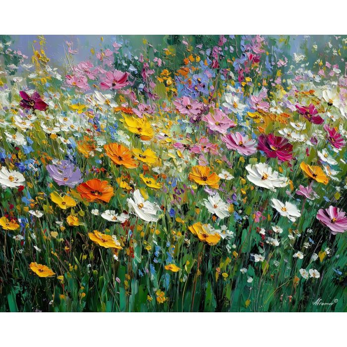 wildflowers,enchanted meadow,oil painting,afremov style