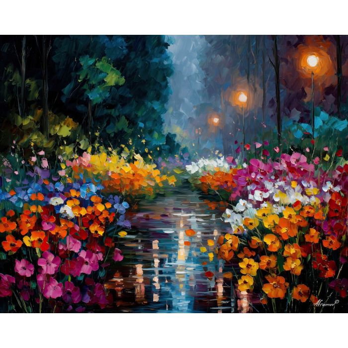 flowers in rain,meadow plants,oil painting,afremov style