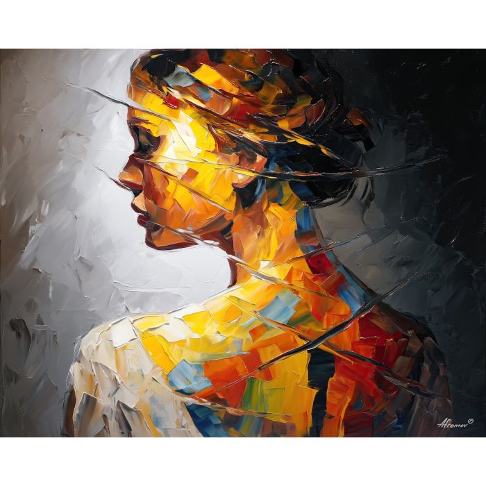 fragmented mind,emotional contrast,psychological portrait,oil painting,afremov style